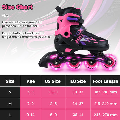 Kids Inline Skates 4 Sizes Adjustable Light-Up Roller Skates for Boys and Girls Ages 9-14-Pink