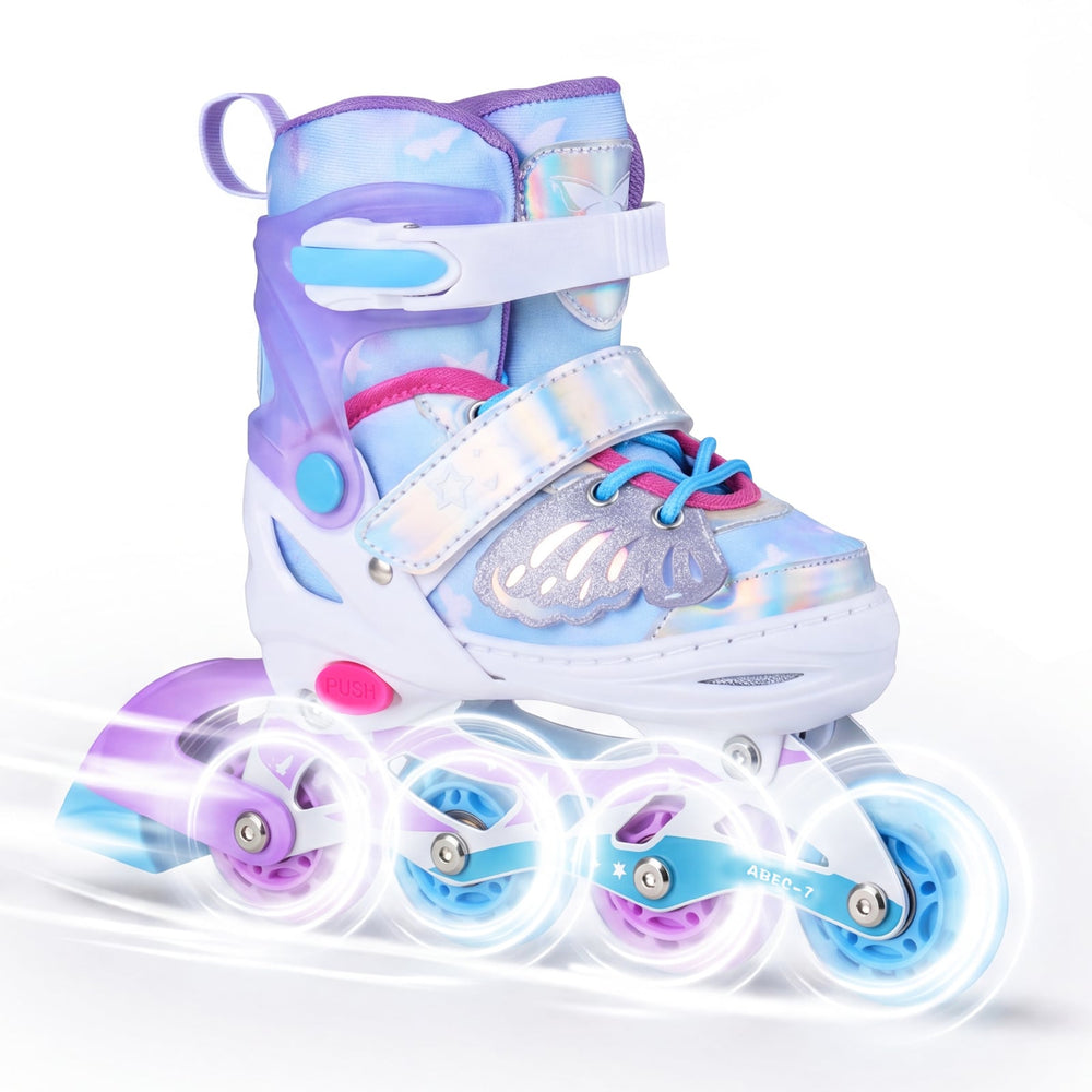 Kids Inline Skates Adjustable length and Illuminating Beginner Skating Shoes with Safety Strap-Blue