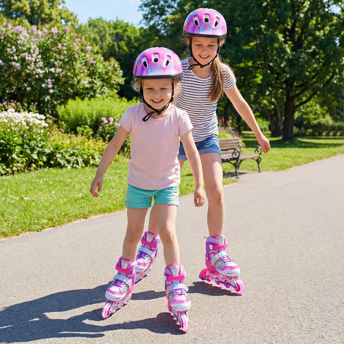 Kids Inline Skates Adjustable length and Illuminating Beginner Skating Shoes with Safety Strap-Pink