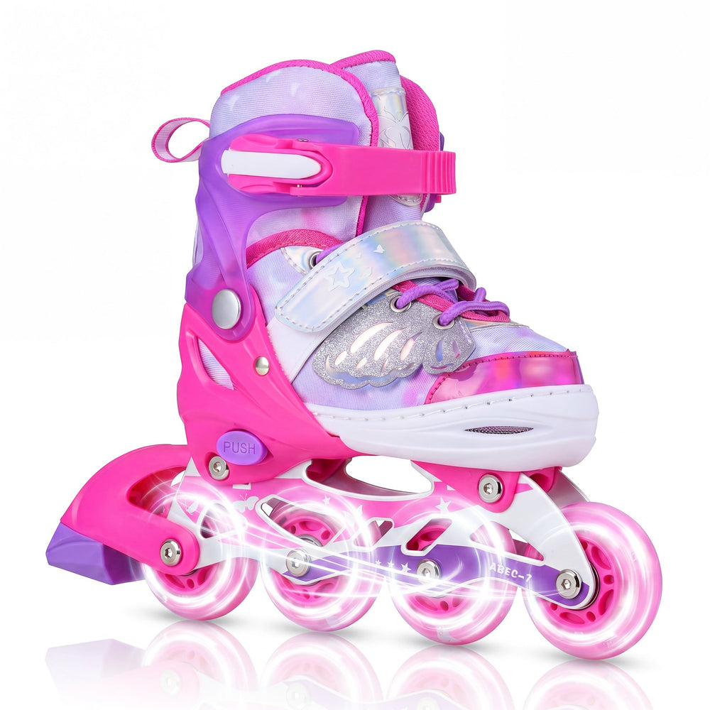 Kids Inline Skates Adjustable length and Illuminating Beginner Skating Shoes with Safety Strap-Pink
