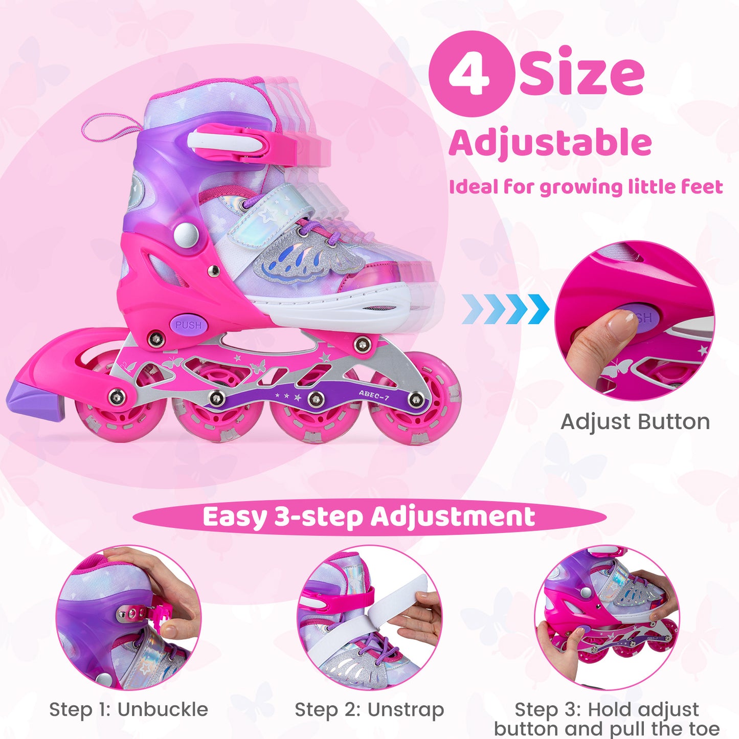 Kids Inline Skates Adjustable length and Illuminating Beginner Skating Shoes with Safety Strap-Pink