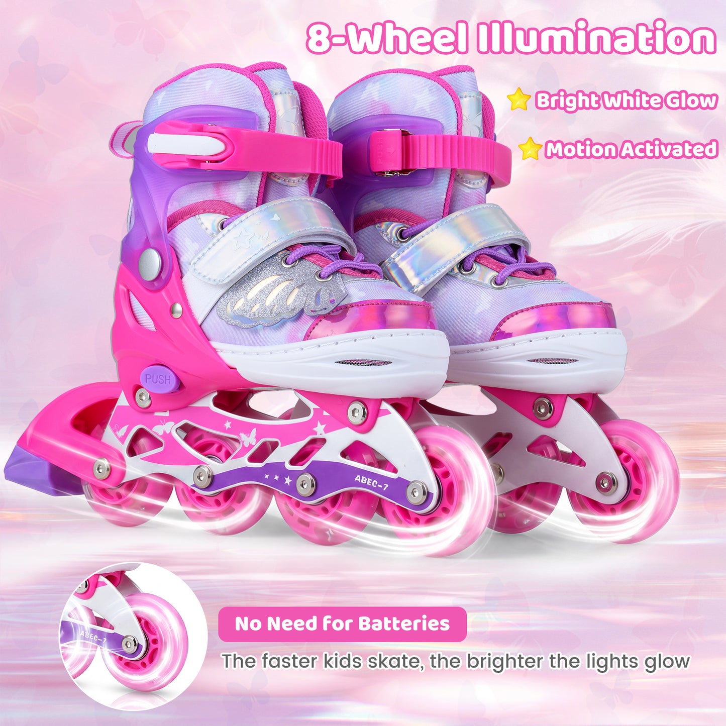Kids Inline Skates Adjustable length and Illuminating Beginner Skating Shoes with Safety Strap-Pink