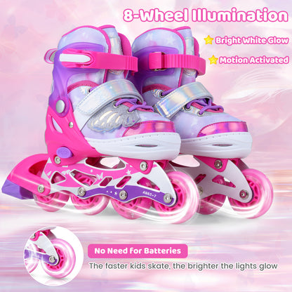 Kids Inline Skates Adjustable length and Illuminating Beginner Skating Shoes with Safety Strap-Pink