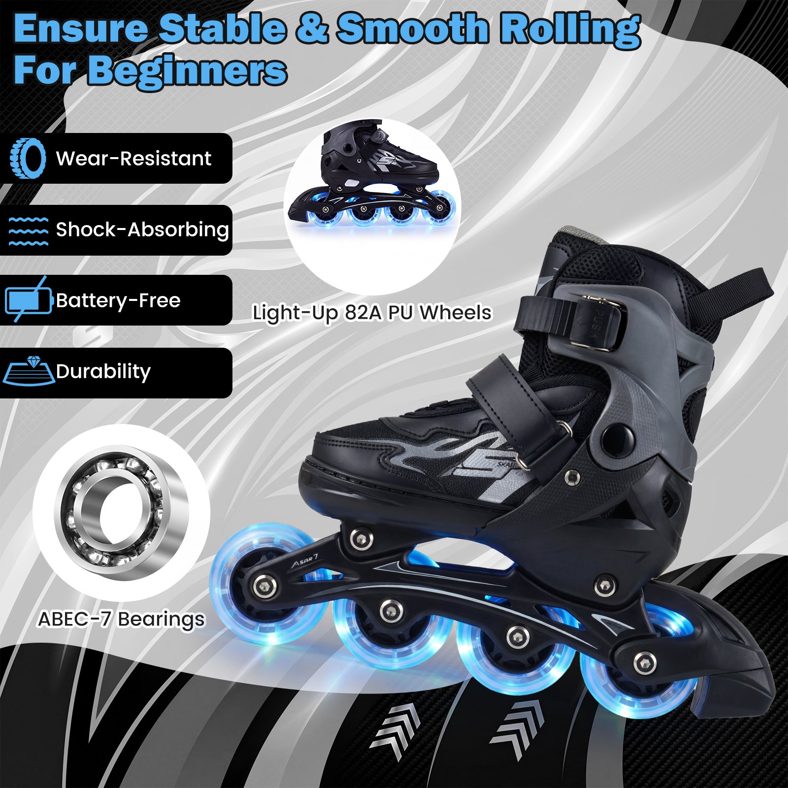 Kids Inline Skates with 4 Illuminated Wheels and Safety Protection for Boys Girls Ages 5-7-Grey