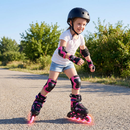 Kids Inline Skates with 4 Illuminated Wheels and Safety Protection for Boys Girls Ages 5-7-Pink