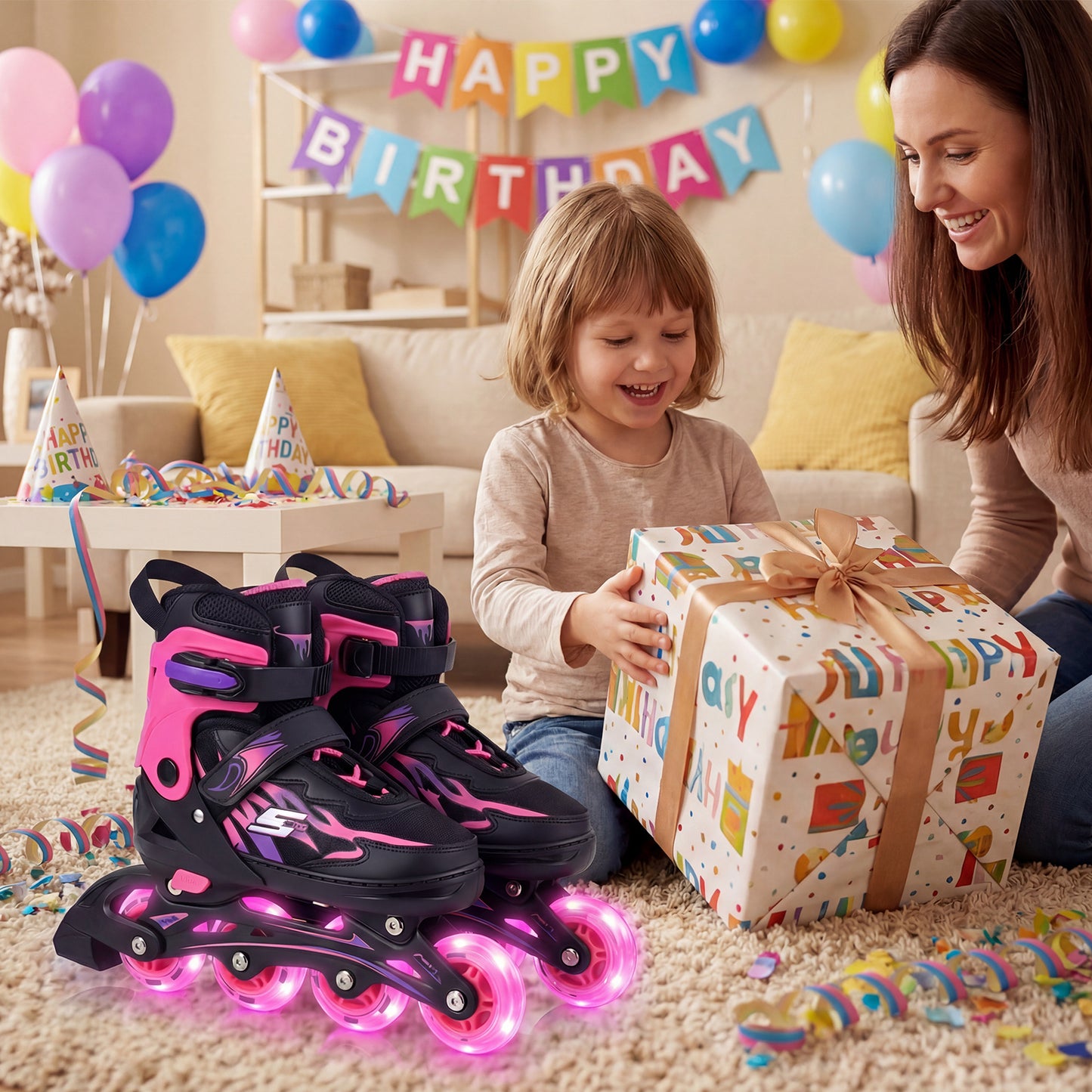Kids Inline Skates with 4 Illuminated Wheels and Safety Protection for Boys Girls Ages 5-7-Pink