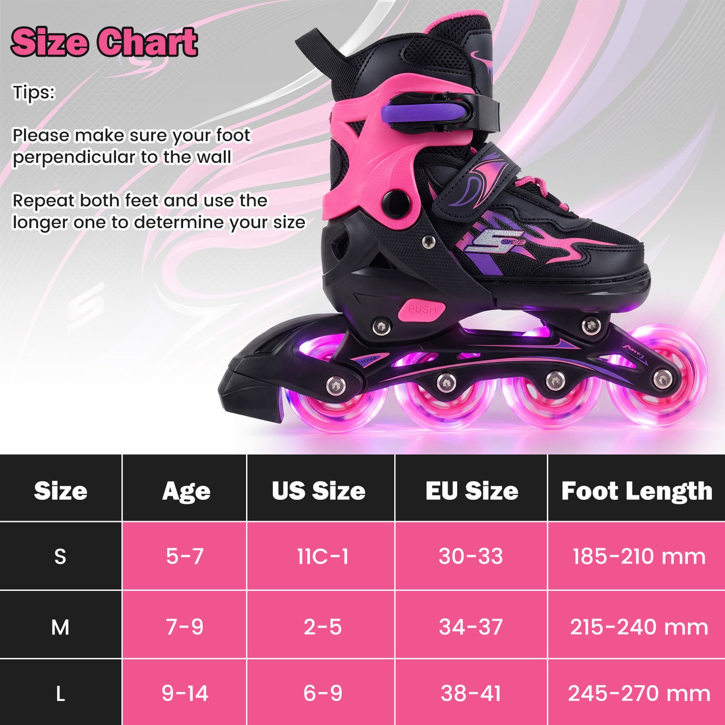 Kids Inline Skates with 4 Illuminated Wheels and Safety Protection for Boys Girls Ages 5-7-Pink