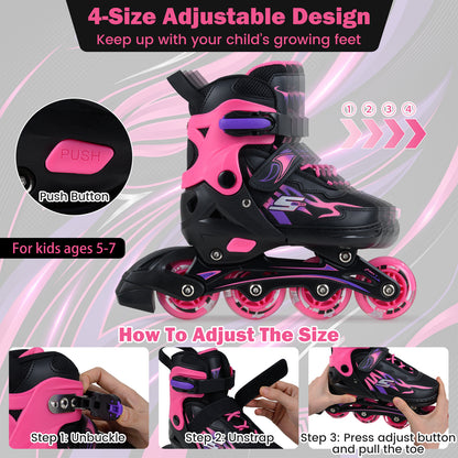 Kids Inline Skates with 4 Illuminated Wheels and Safety Protection for Boys Girls Ages 5-7-Pink