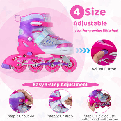 Kids Inline Skates with Full Light Up PU Wheels Adjustable Length for Beginners-Pink