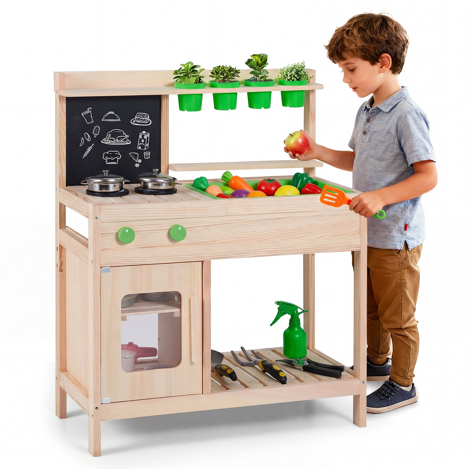 Kids Mud Kitchen Play Pretend Kitchen with Chalkboard Rotation Knobs and Cabinet