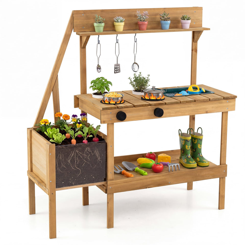 Kids Mud Kitchen with Planter Box and 8 Accessories for Toddlers Aged 3+-Natrual