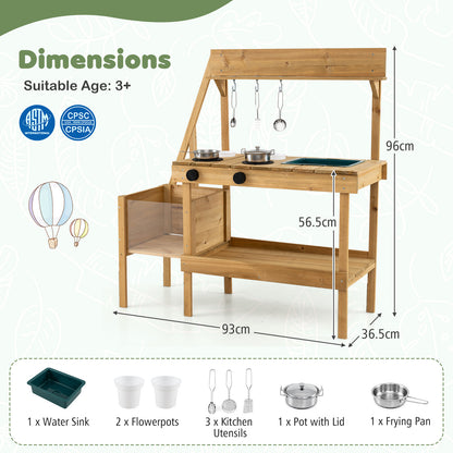 Kids Mud Kitchen with Planter Box and 8 Accessories for Toddlers Aged 3+-Natrual