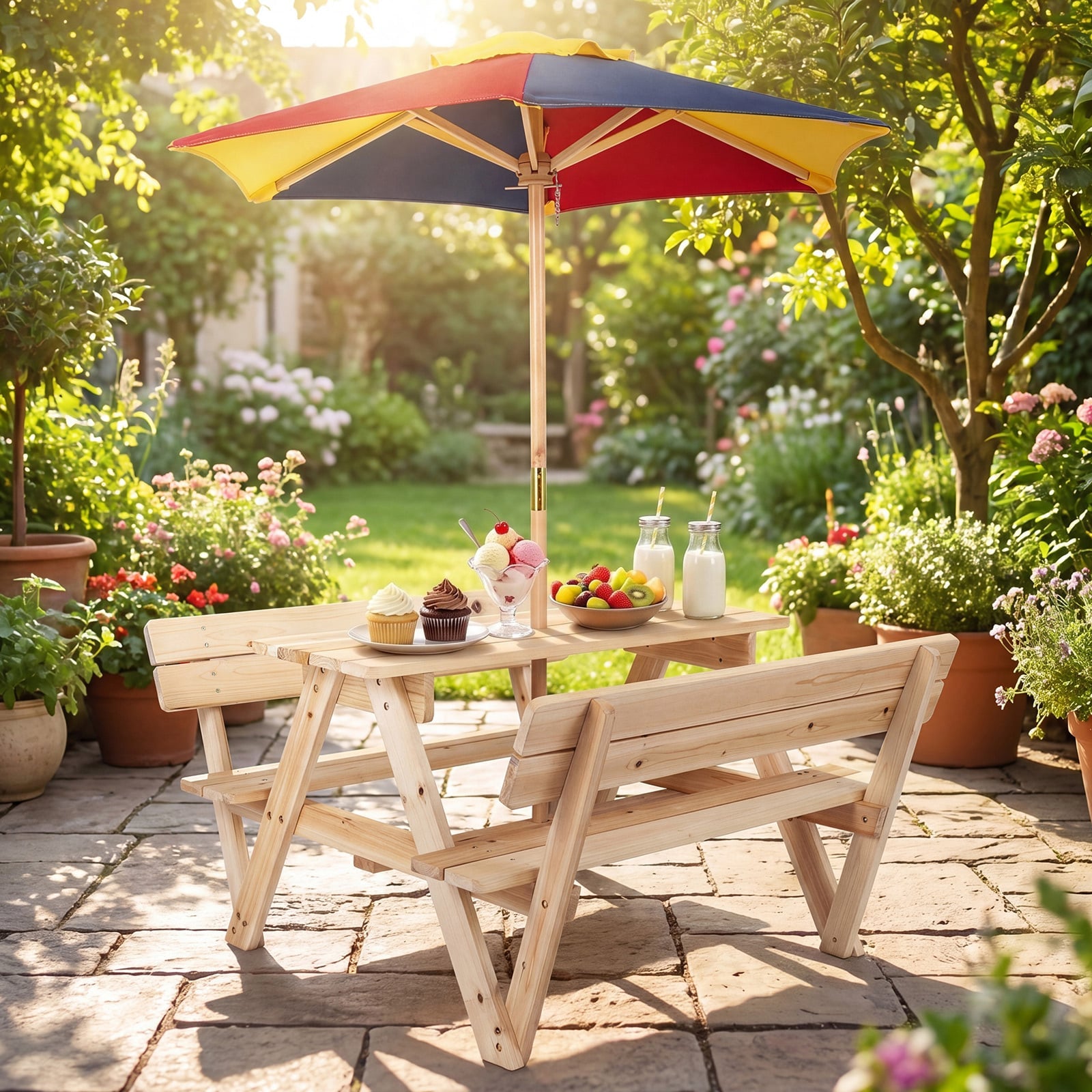Kids' Outdoor Table with 2 Built-in Benches and Removable Umbrella-Natural