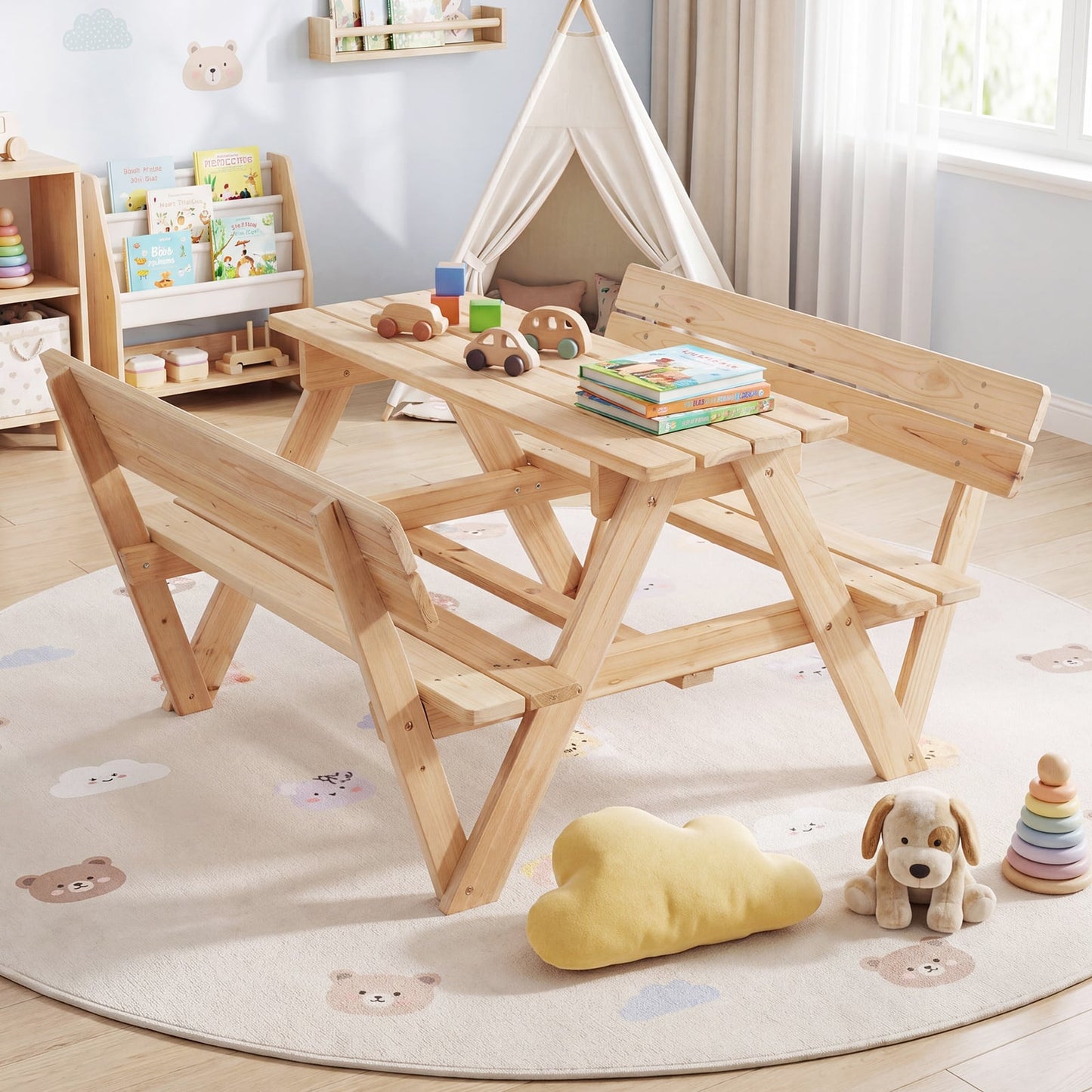 Kids' Outdoor Table with 2 Built-in Benches and Removable Umbrella-Natural
