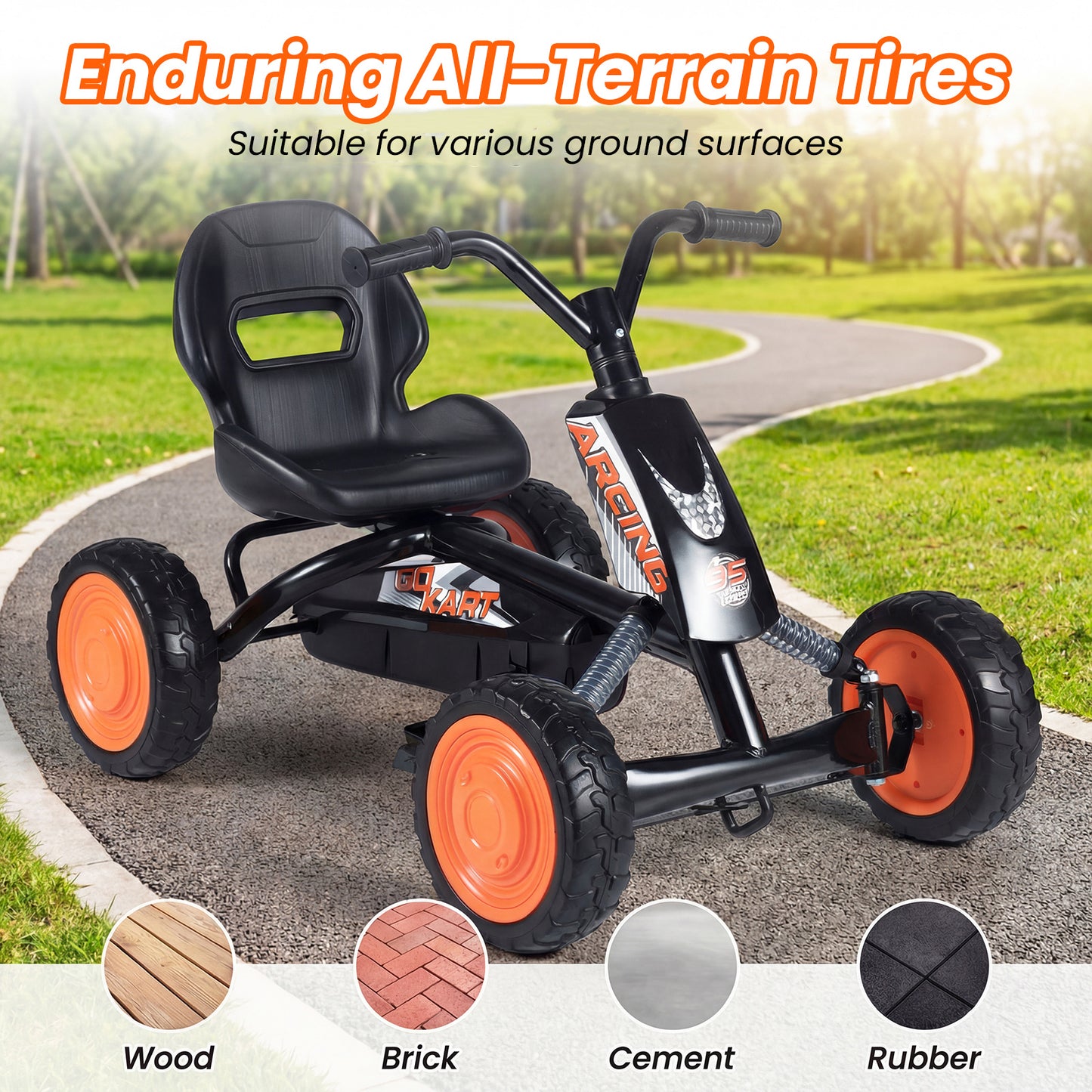 Kids Pedal Go Kart 4 Wheel with 2-Position Seat & Wear-Resistant Wheels-Black