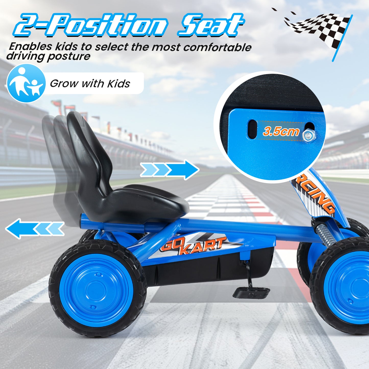 Kids Pedal Go Kart 4 Wheel with 2-Position Seat & Wear-Resistant Wheels-Navy