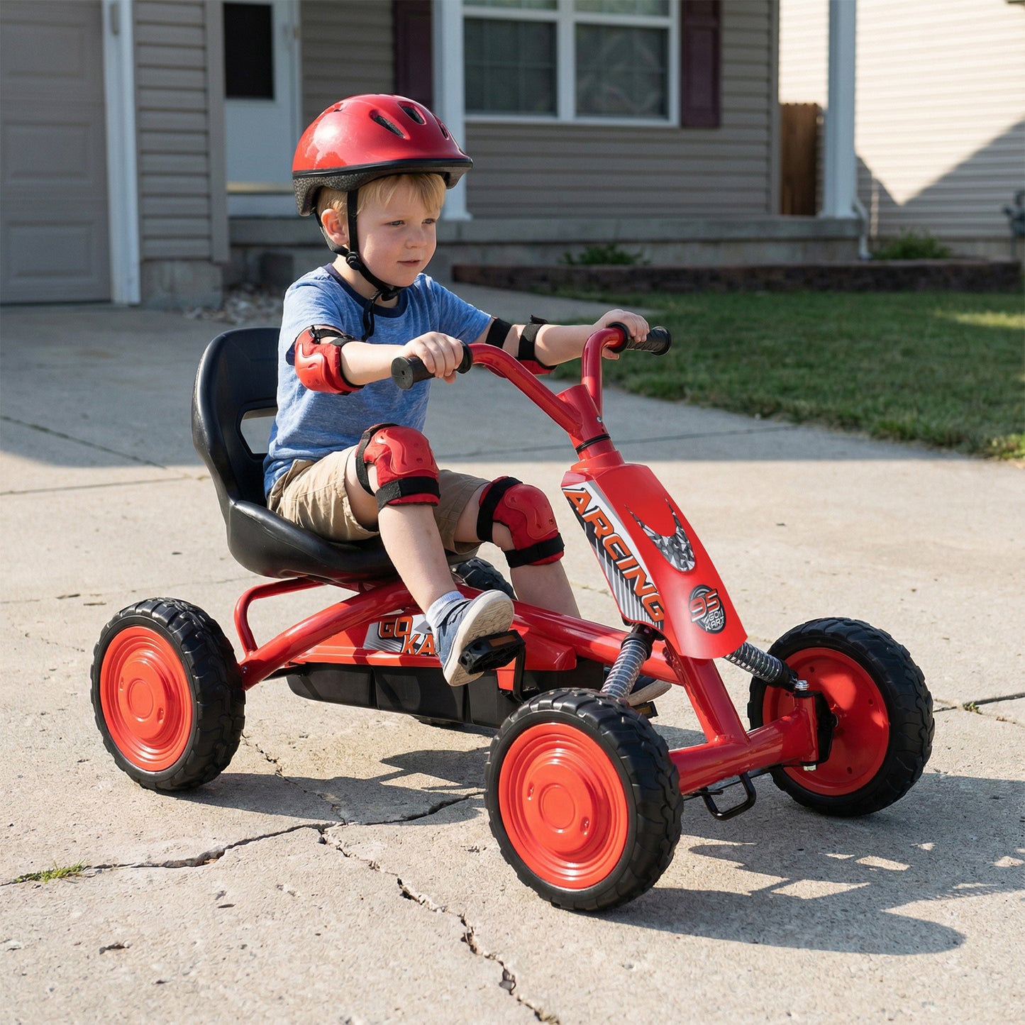 Kids Pedal Go Kart 4 Wheel with 2-Position Seat & Wear-Resistant Wheels-Red