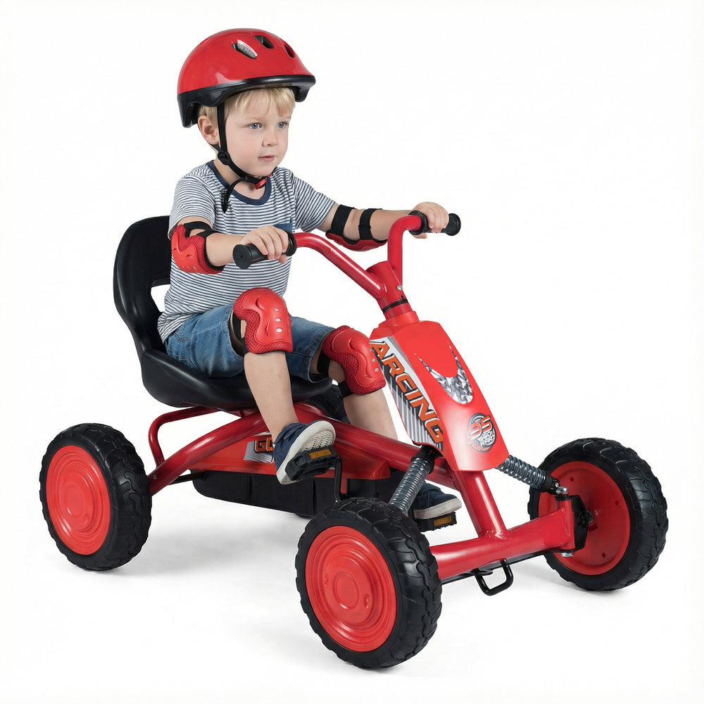 Kids Pedal Go Kart 4 Wheel with 2-Position Seat & Wear-Resistant Wheels-Red