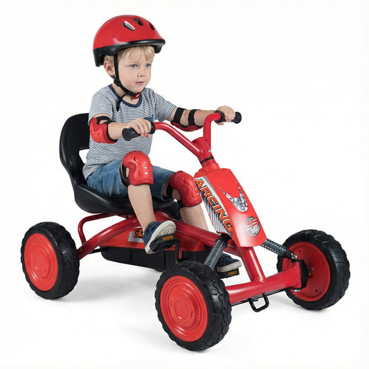 Kids Pedal Go Kart 4 Wheel with 2-Position Seat & Wear-Resistant Wheels-Red