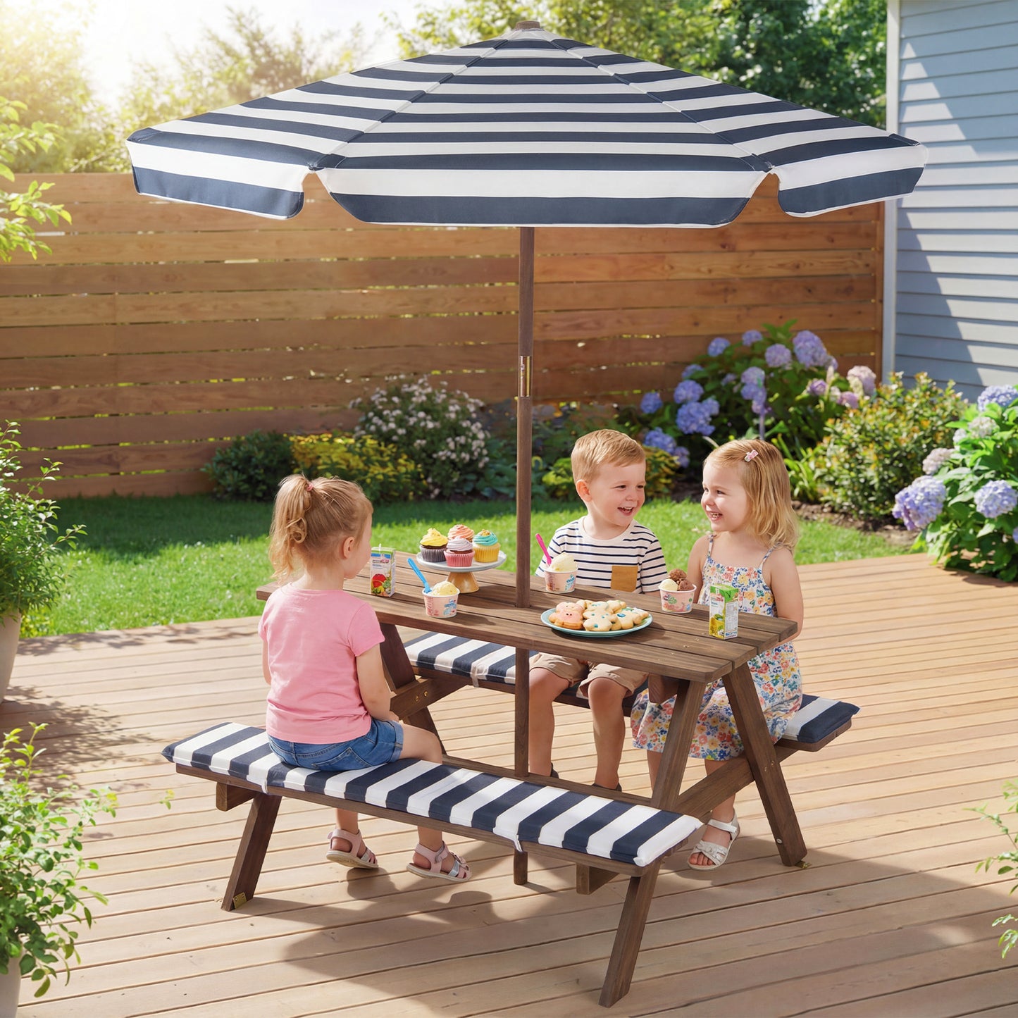 Kids Picnic Table with Bench Fir Wood Toddler Outdoor Table set with 2 Built-in Benches-Navy