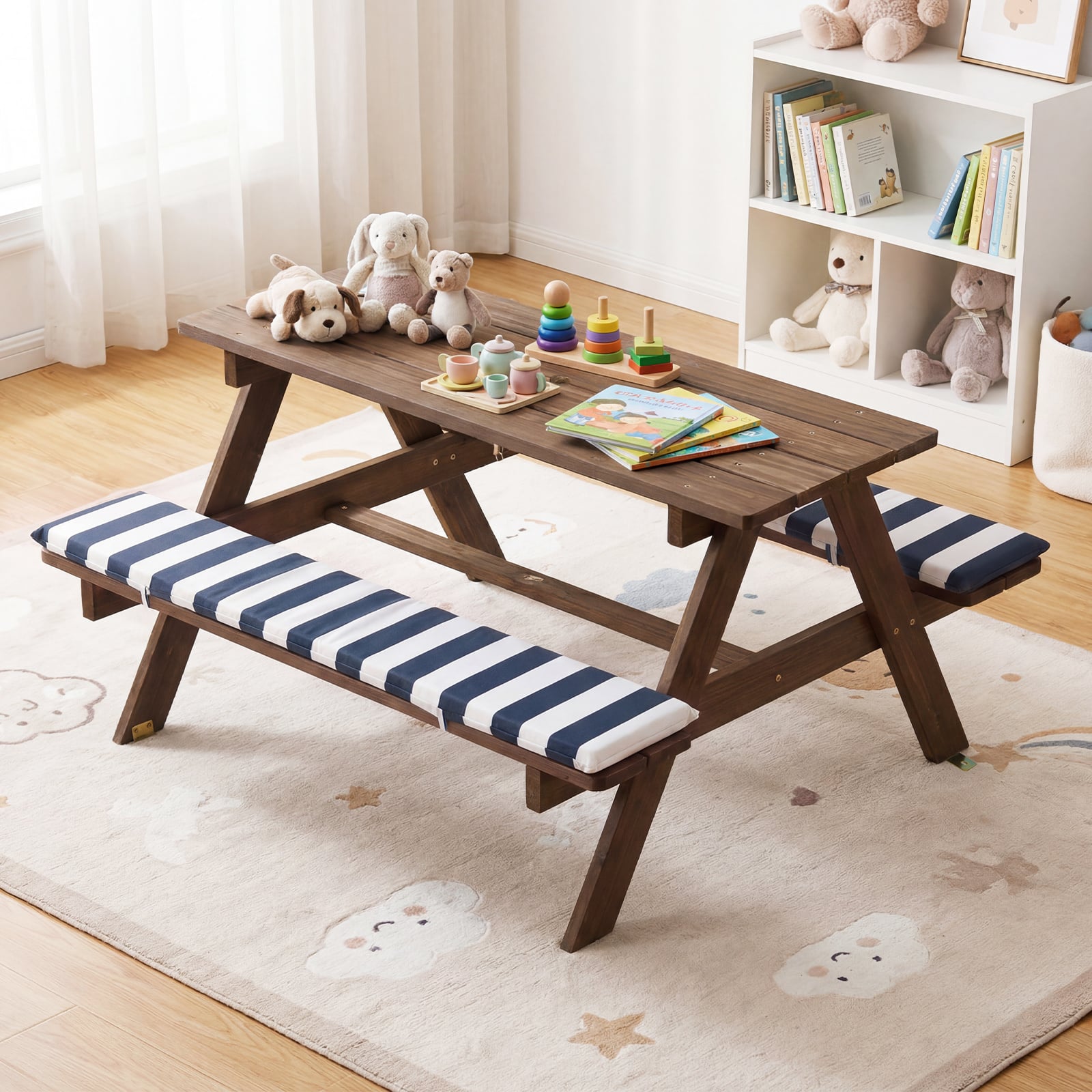 Kids Picnic Table with Bench Fir Wood Toddler Outdoor Table set with 2 Built-in Benches-Navy