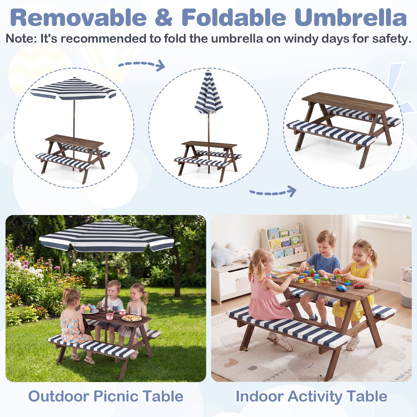 Kids Picnic Table with Bench Fir Wood Toddler Outdoor Table set with 2 Built-in Benches-Navy