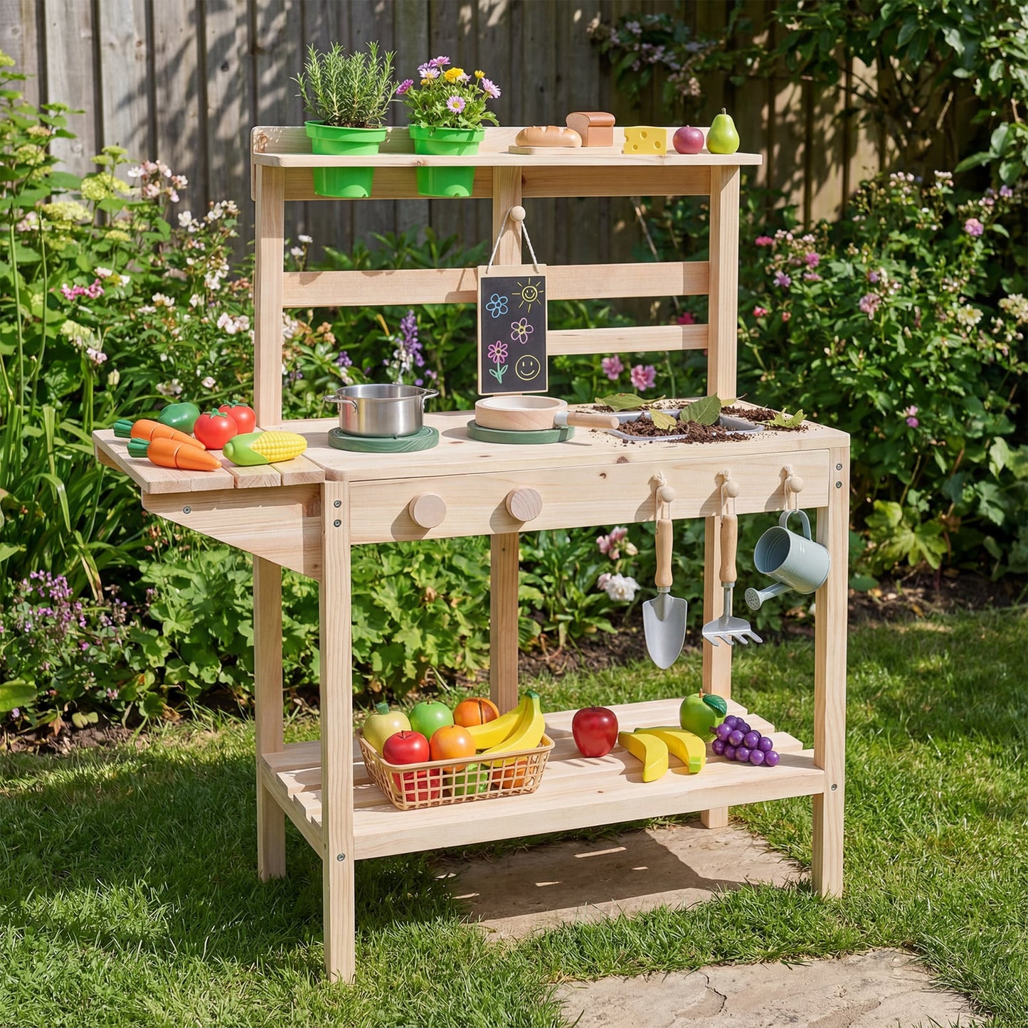 Kids Play Kitchen Set Wooden Kitchen Playset with Stoves-Natural