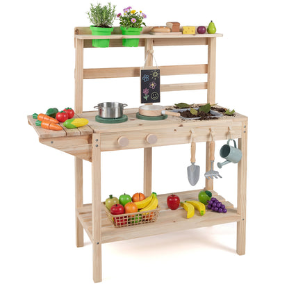 Kids Play Kitchen Set Wooden Kitchen Playset with Stoves-Natural