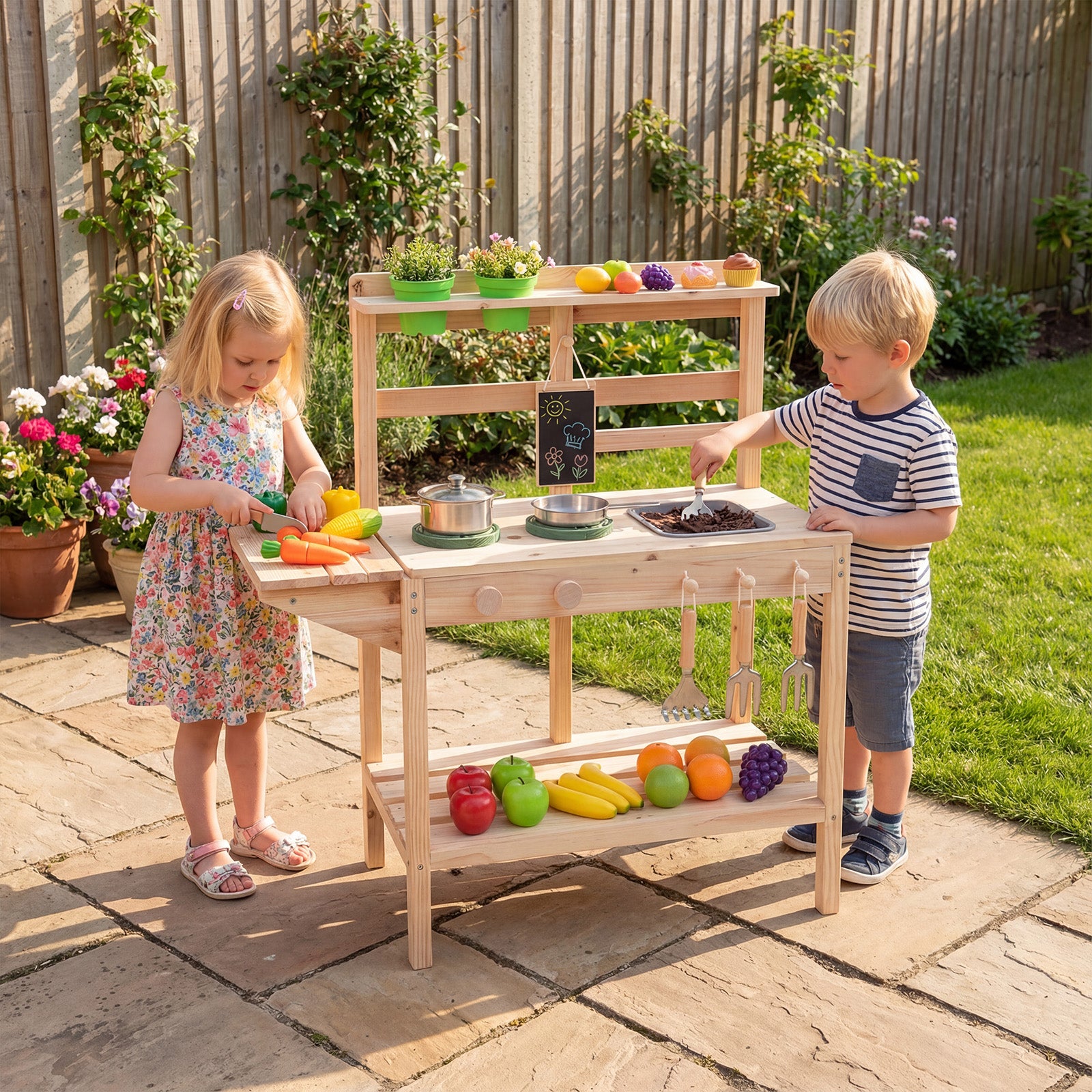 Kids Play Kitchen Set Wooden Kitchen Playset with Stoves-Natural