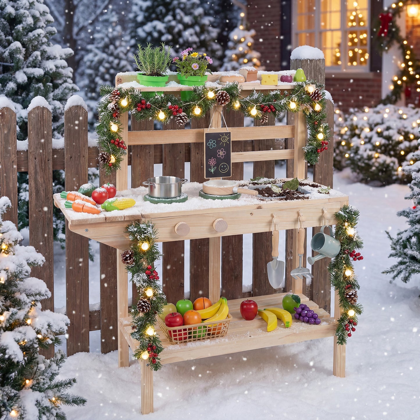 Kids Play Kitchen Set Wooden Kitchen Playset with Stoves-Natural
