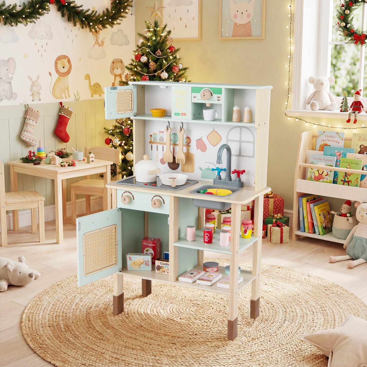 Kids Play Kitchen Wooden Pretend Kitchen Playset with Rattan Doors Wood Legs-Green