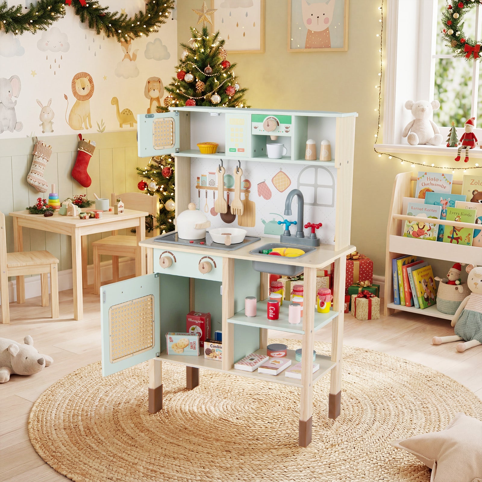 Kids Play Kitchen Wooden Pretend Kitchen Playset with Rattan Doors Wood Legs-Green