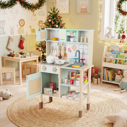 Kids Play Kitchen Wooden Pretend Kitchen Playset with Rattan Doors Wood Legs-Green