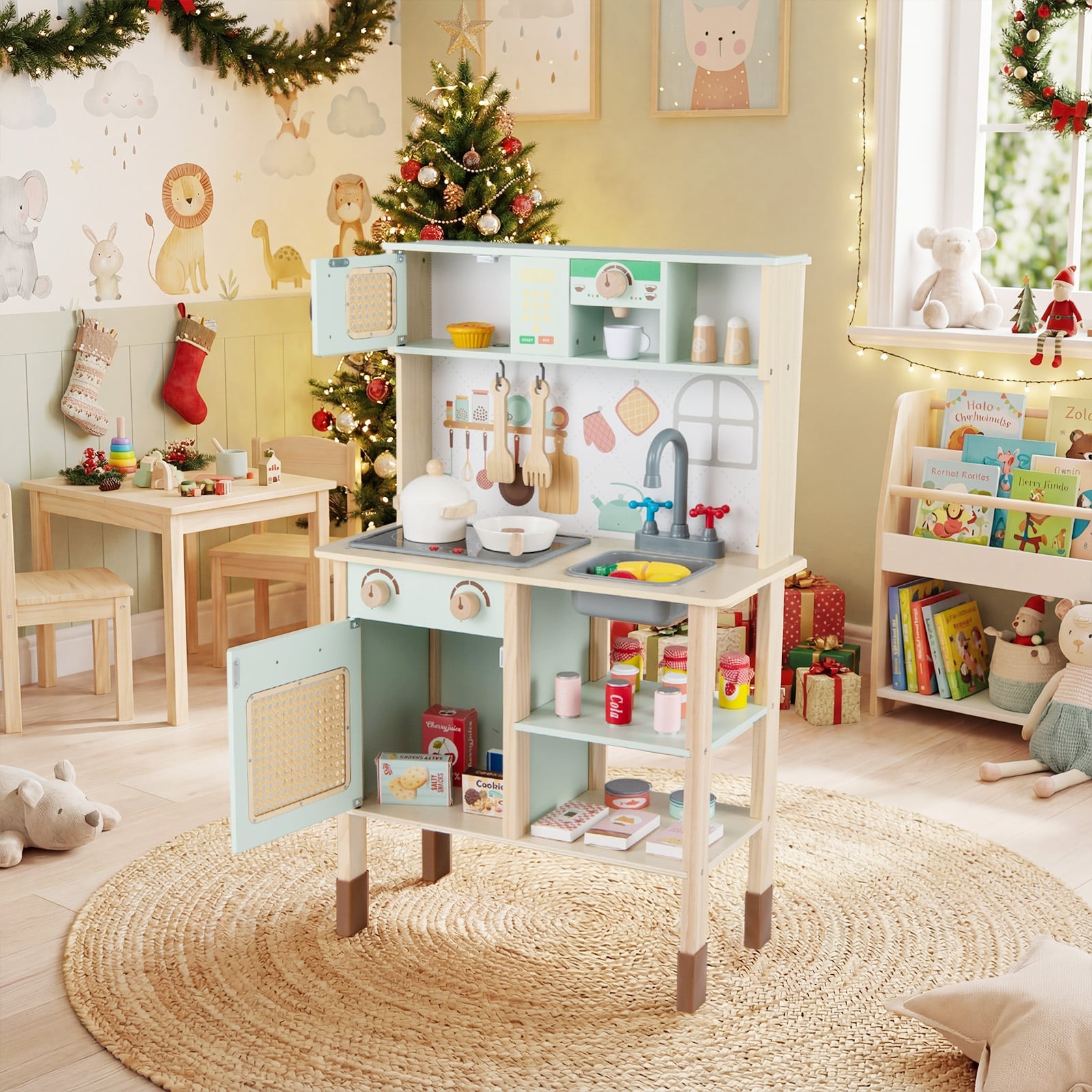 Kids Play Kitchen Wooden Pretend Kitchen Playset with Rattan Doors Wood Legs-Green
