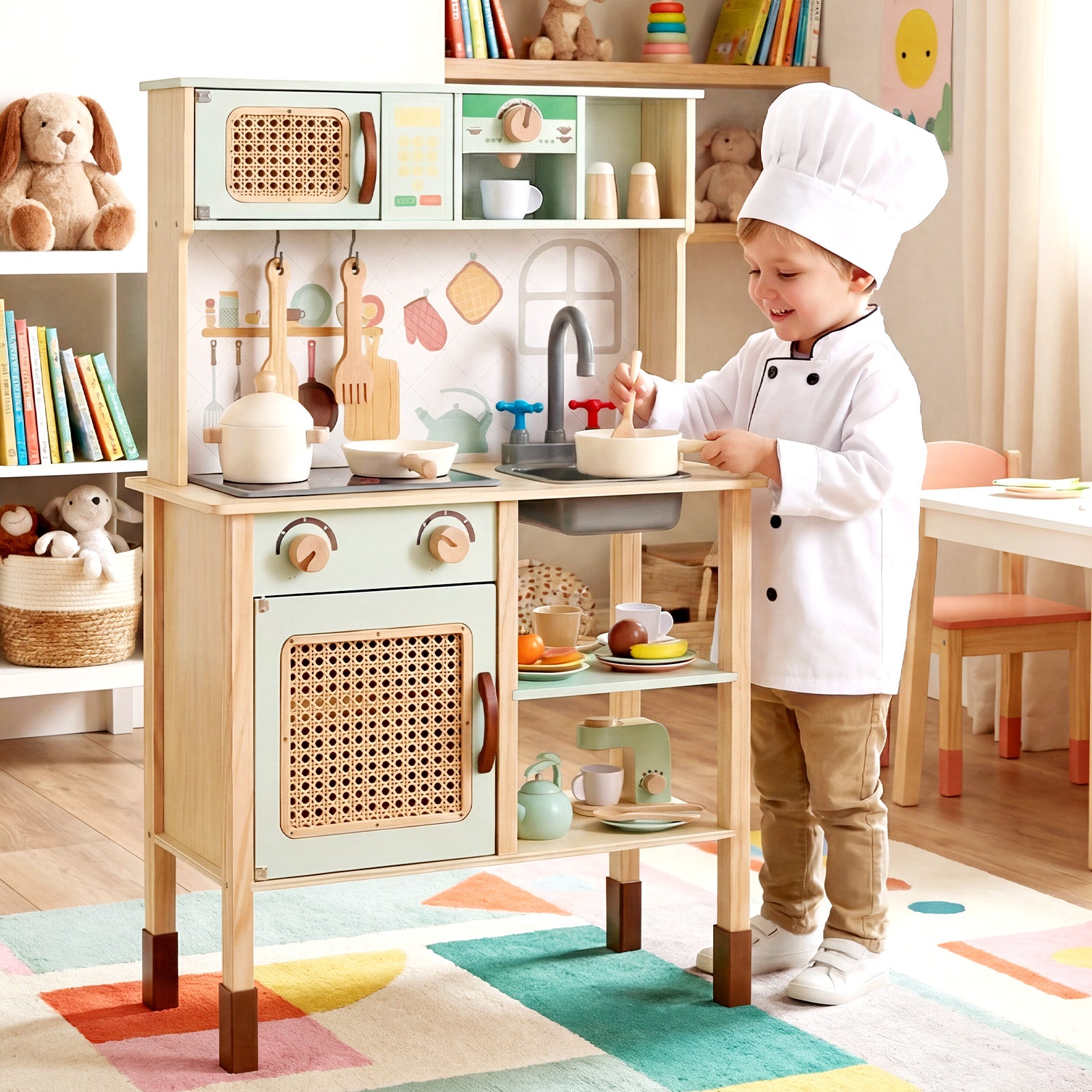 Kids Play Kitchen Wooden Pretend Kitchen Playset with Rattan Doors Wood Legs-Green