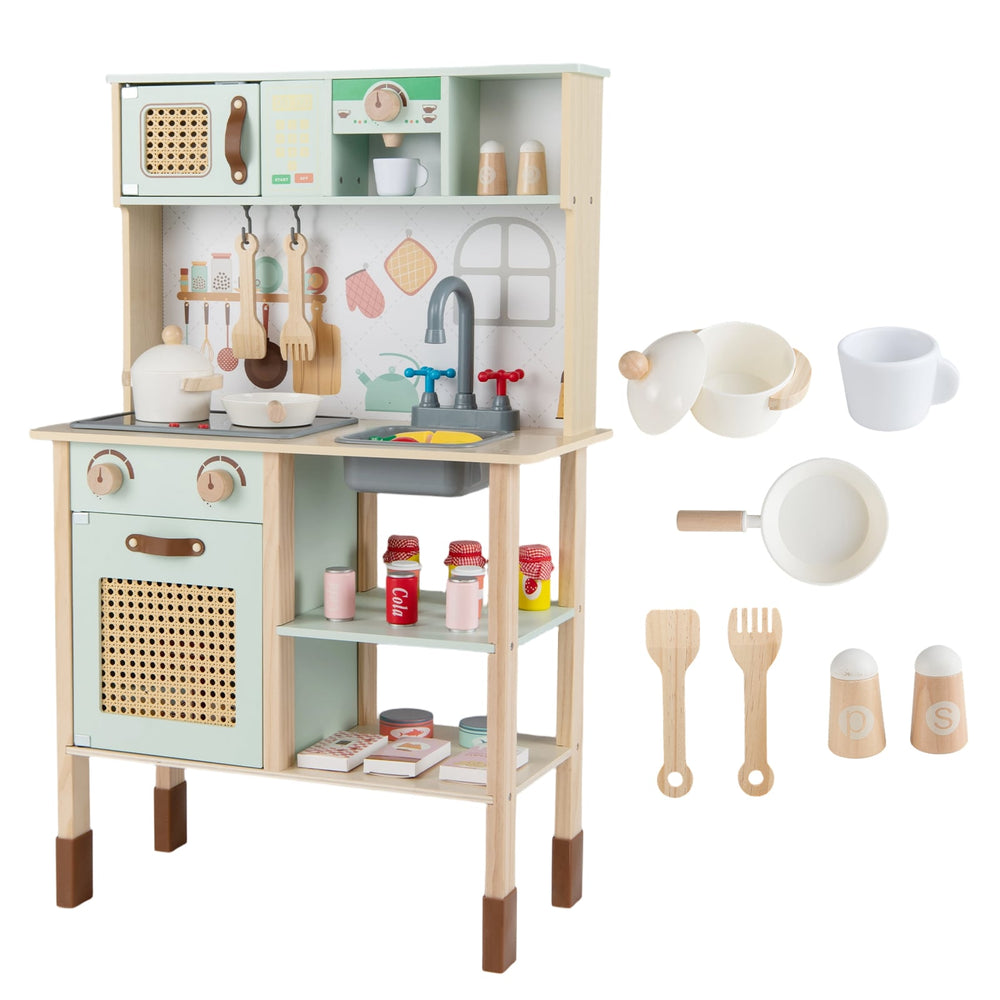 Kids Play Kitchen Wooden Pretend Kitchen Playset with Rattan Doors Wood Legs-Green
