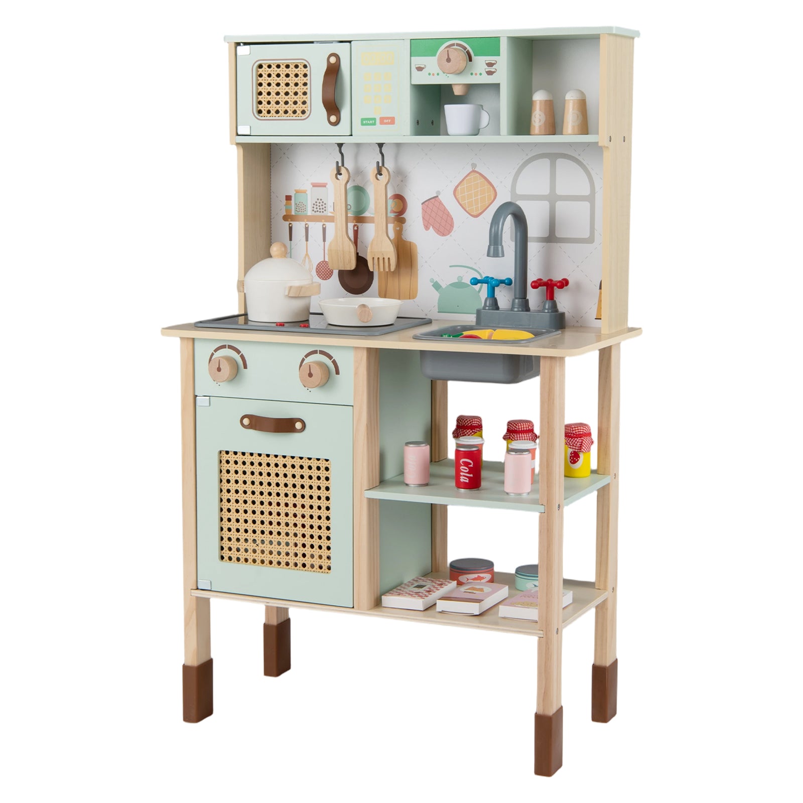 Kids Play Kitchen Wooden Pretend Kitchen Playset with Rattan Doors Wood Legs-Green