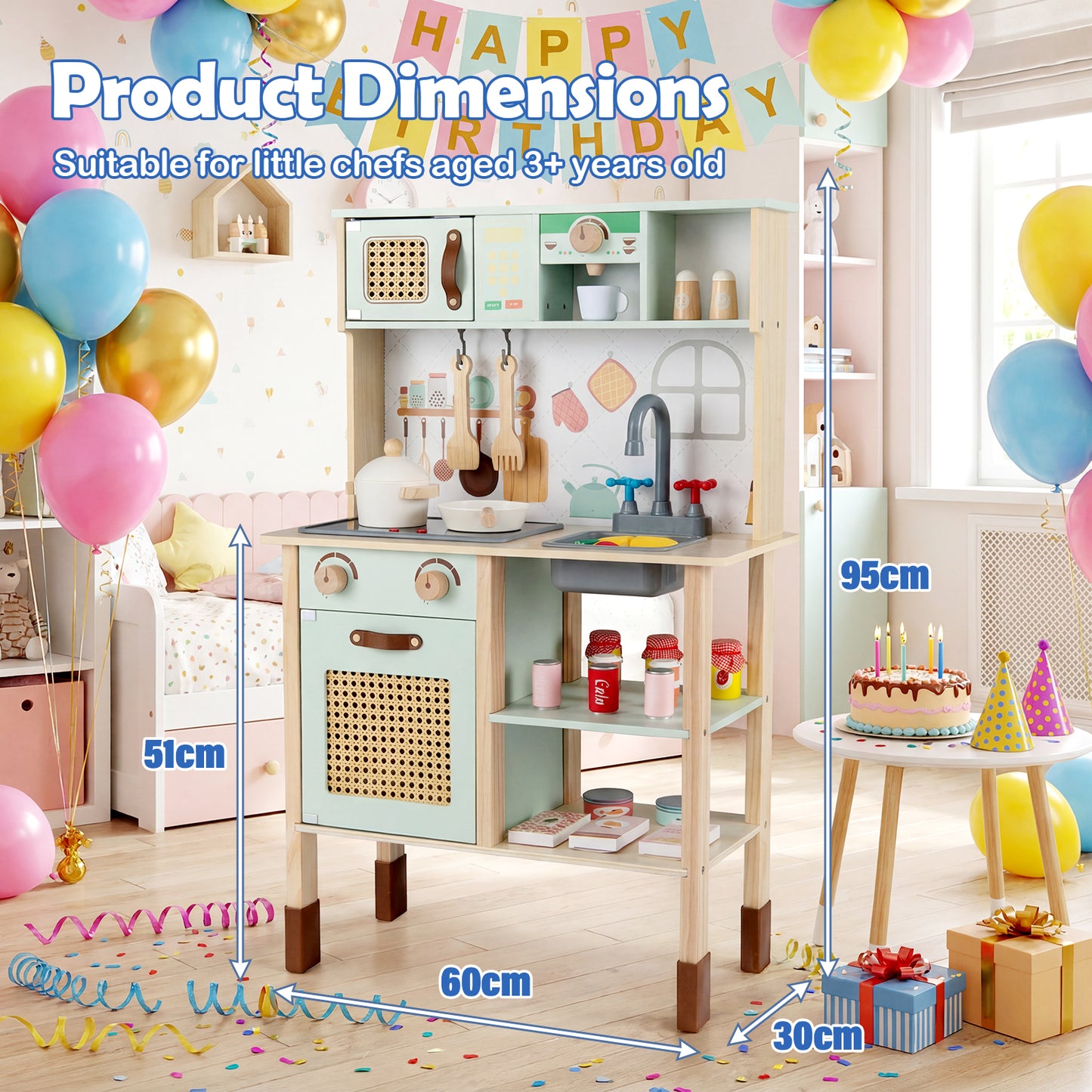 Kids Play Kitchen Wooden Pretend Kitchen Playset with Rattan Doors Wood Legs-Green