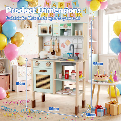 Kids Play Kitchen Wooden Pretend Kitchen Playset with Rattan Doors Wood Legs-Green