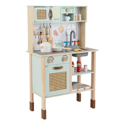 Kids Play Kitchen Wooden Pretend Kitchen Playset with Rattan Doors Wood Legs-Green