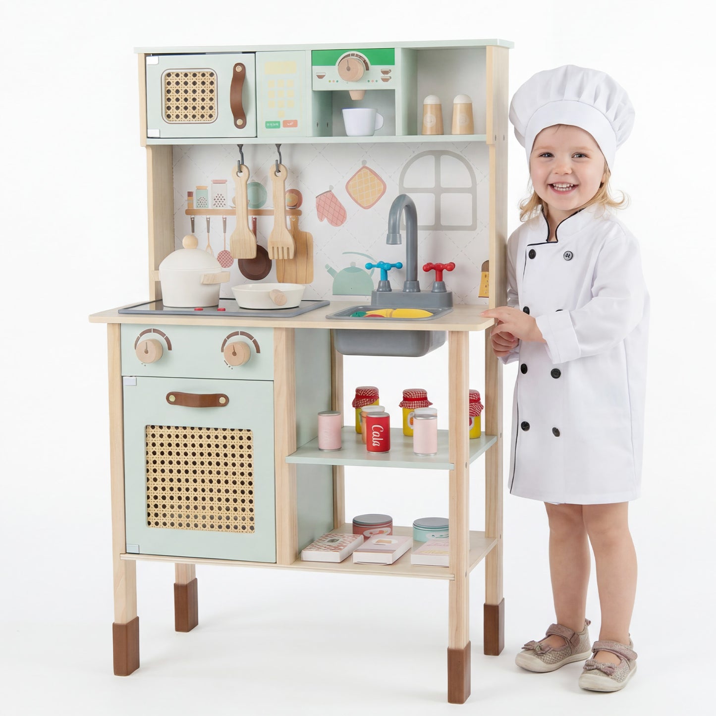 Kids Play Kitchen Wooden Pretend Kitchen Playset with Rattan Doors Wood Legs-Green
