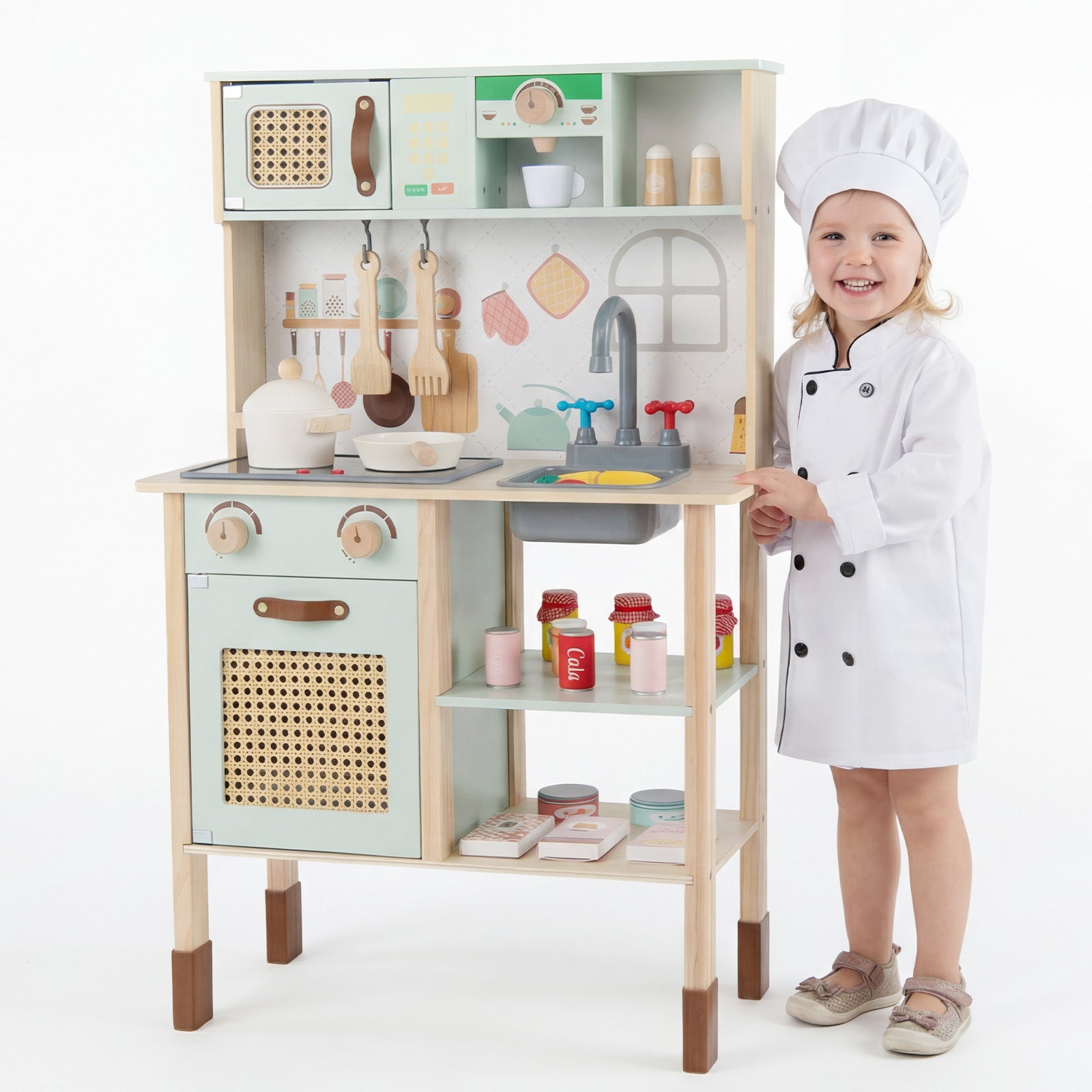Kids Play Kitchen Wooden Pretend Kitchen Playset with Rattan Doors Wood Legs-Green