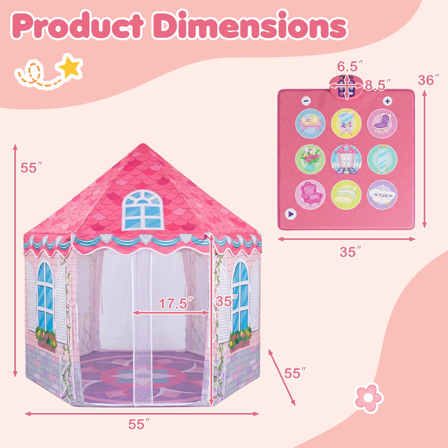 Kids Play Tent with Dance Mat & Breathable Mesh for Girls Boys Ages 3+