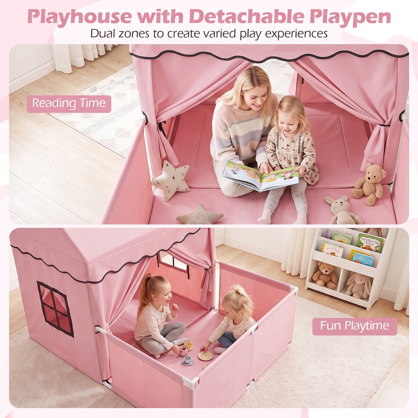 Kids Play Tent with Detachable Playpen and Star Lights-Pink