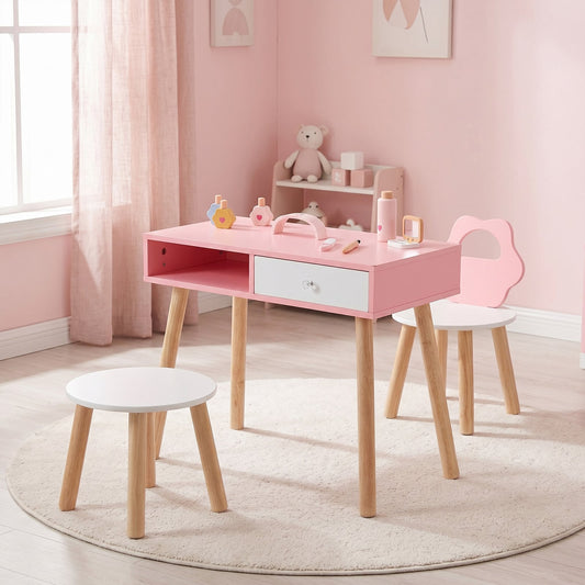 Kids Pretend Nail Salon Playset with Chair and Stool Wooden Toddlers Makeup and Manicure Kit-Pink