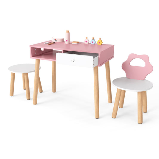 Kids Pretend Nail Salon Playset with Chair and Stool Wooden Toddlers Makeup and Manicure Kit-Pink