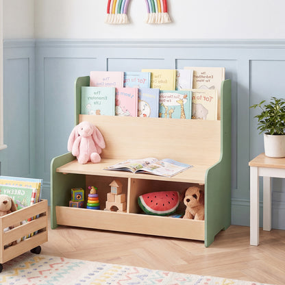 Kids Reading Nook with Bench Toddler Toy Storage Organizer with Bookshelf and 2 Cubbies-Green