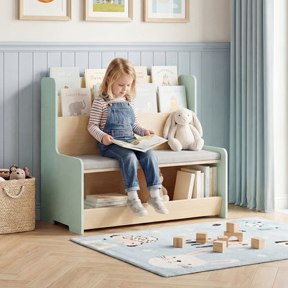 Kids Reading Nook with Bench Toddler Toy Storage Organizer with Bookshelf and 2 Cubbies-Green