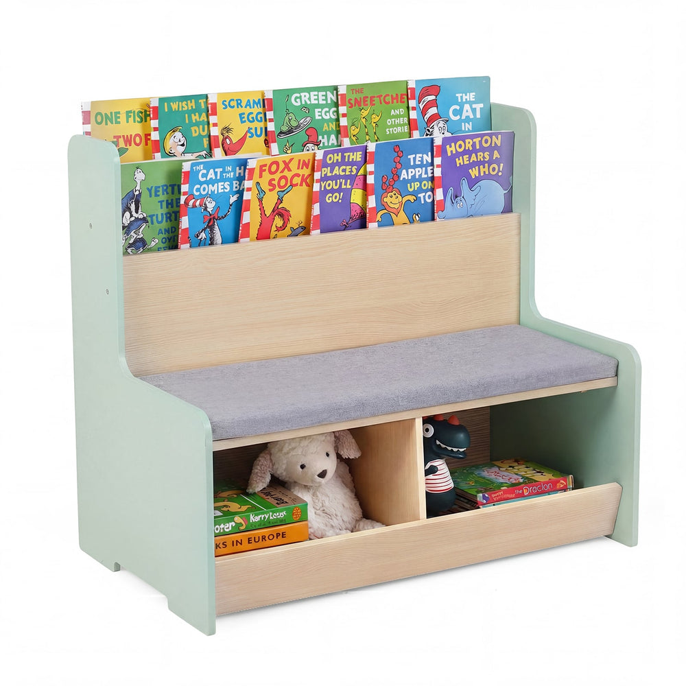 Kids Reading Nook with Bench Toddler Toy Storage Organizer with Bookshelf and 2 Cubbies-Green