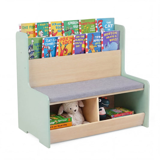 Kids Reading Nook with Bench Toddler Toy Storage Organizer with Bookshelf and 2 Cubbies-Green